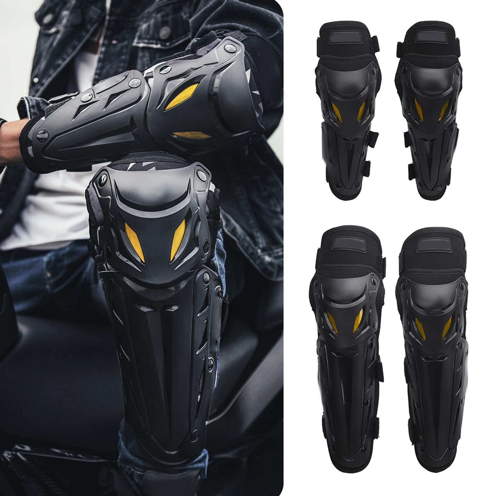 Motorrad-Knie-Schienbeinschoner- und Ellenbogenschoner-Set, verstellbare elastische Riemen für Motocross-Dirtbike-Rennen, ergonomische Schutzausrüstung für Erwachsene, schwarz (Schwarz)