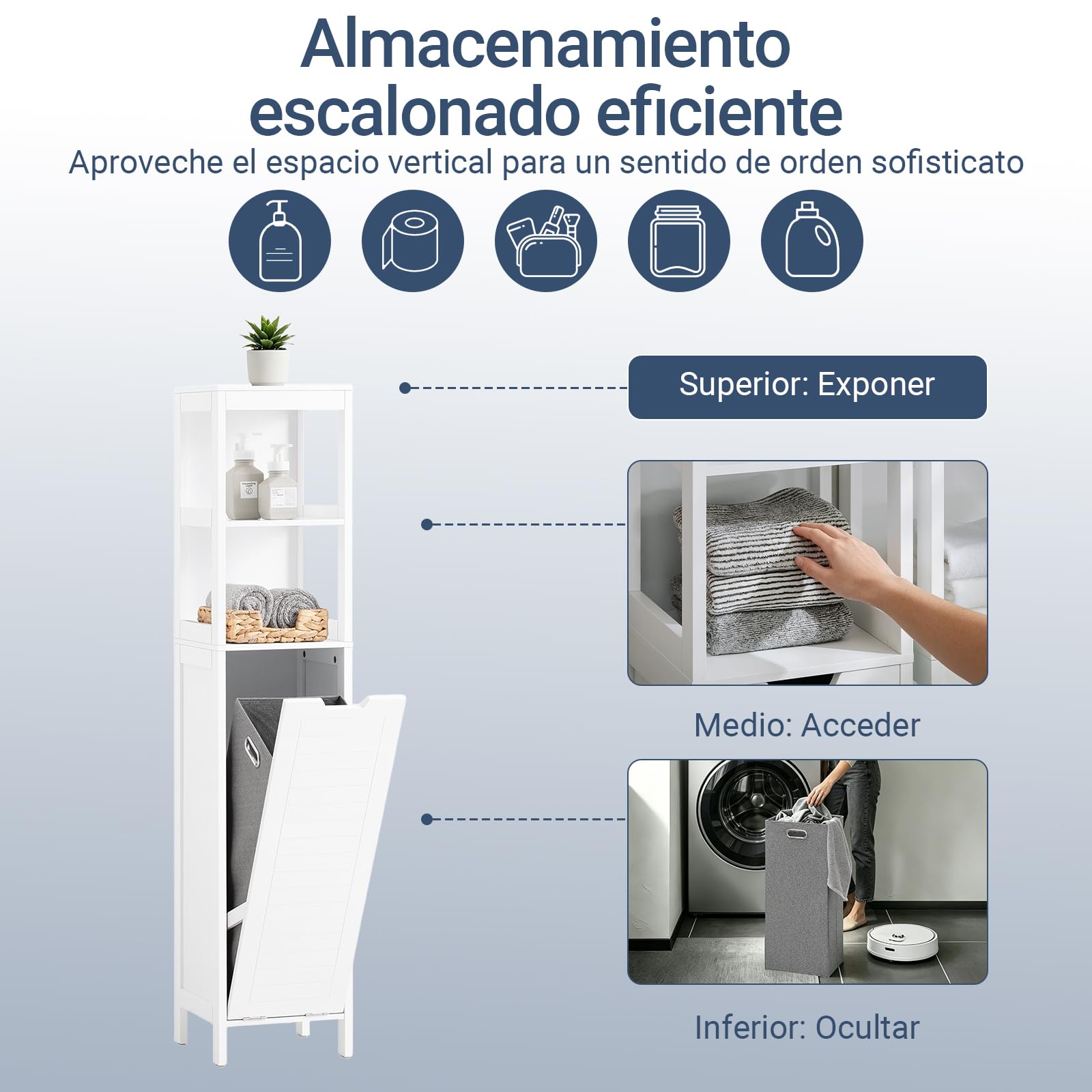 SoBuy Mueble Baño Estrecho con Cesto para Ropa Sucia 30x30x145 cm | Armario Baño, Columna con Estantes Abiertos & Compartimento Abatible, Mueble Auxiliar Blanco BZR123-W