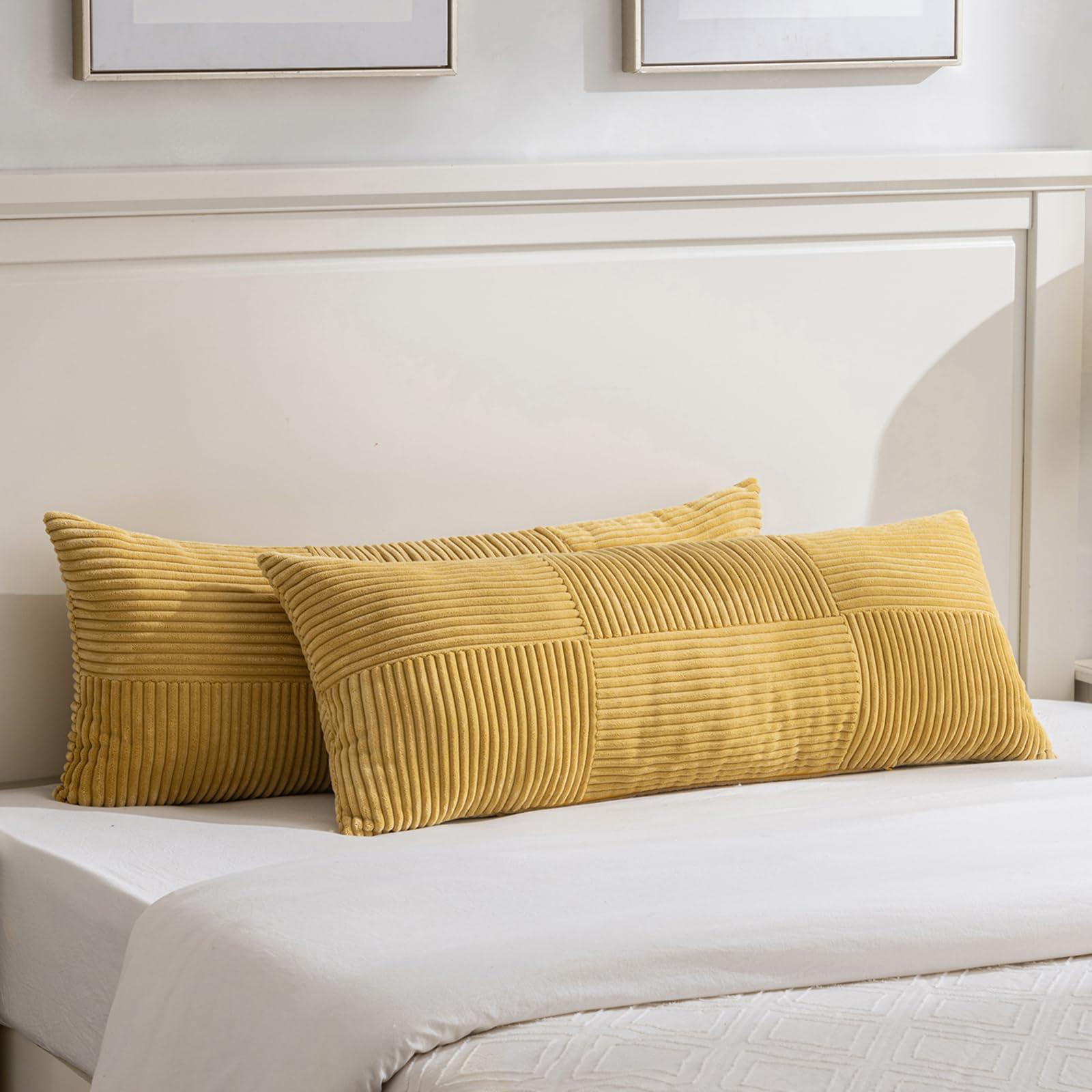 Fancy Homi Set of 2 Mustard Yellow Boho Long Lumbar Body Decorative Throw Pillow Cover 14x36 Inch for Bed Couch Bedroom Bench, Soft Patchwork Corduroy Pillow Case, Rustic Farmhouse Room Décor — image 1