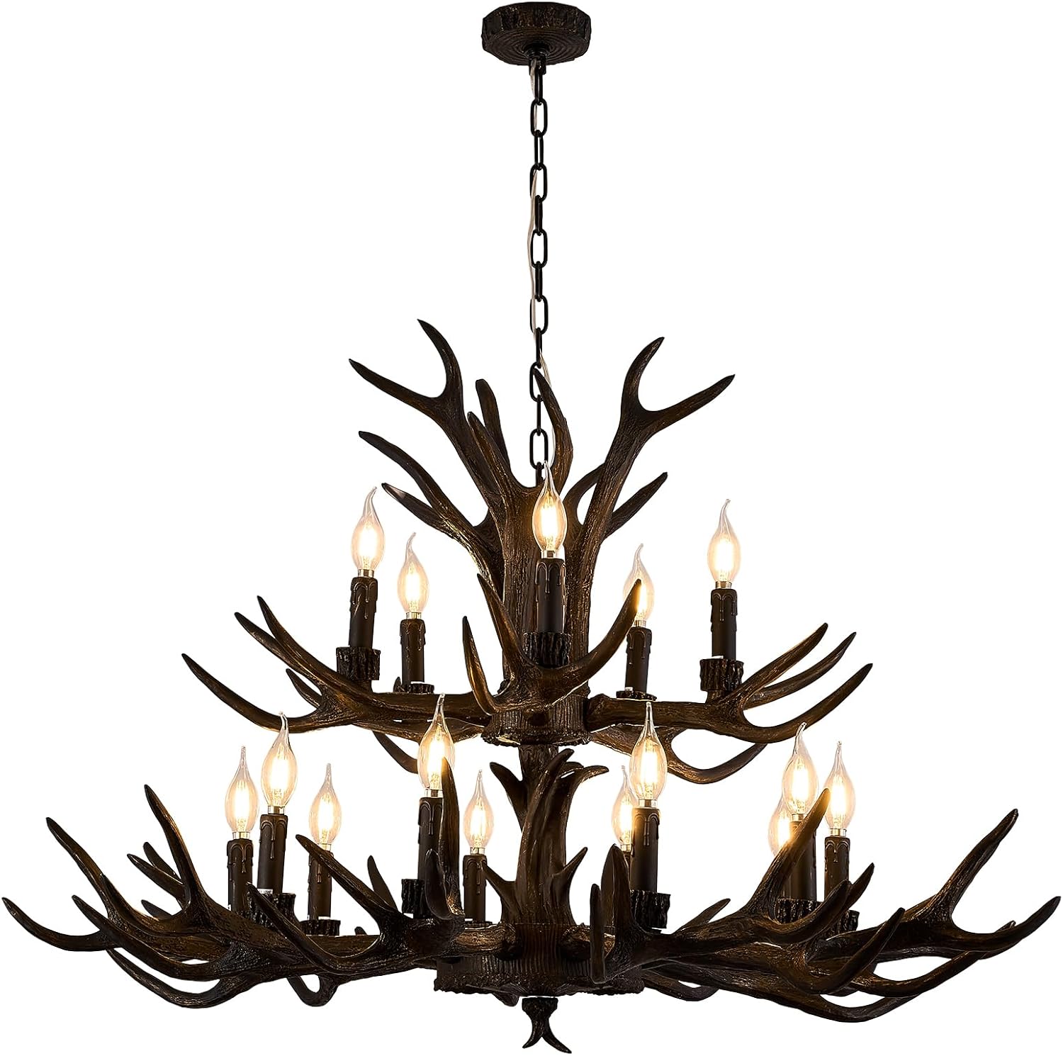 15-Light Antler Chandelier Black with Brushed Gold Rustic Farmhouse Antler Ceiling Light Fixtures D39.4 Inch Adjustable Height for Dining Room Living Room Entryway