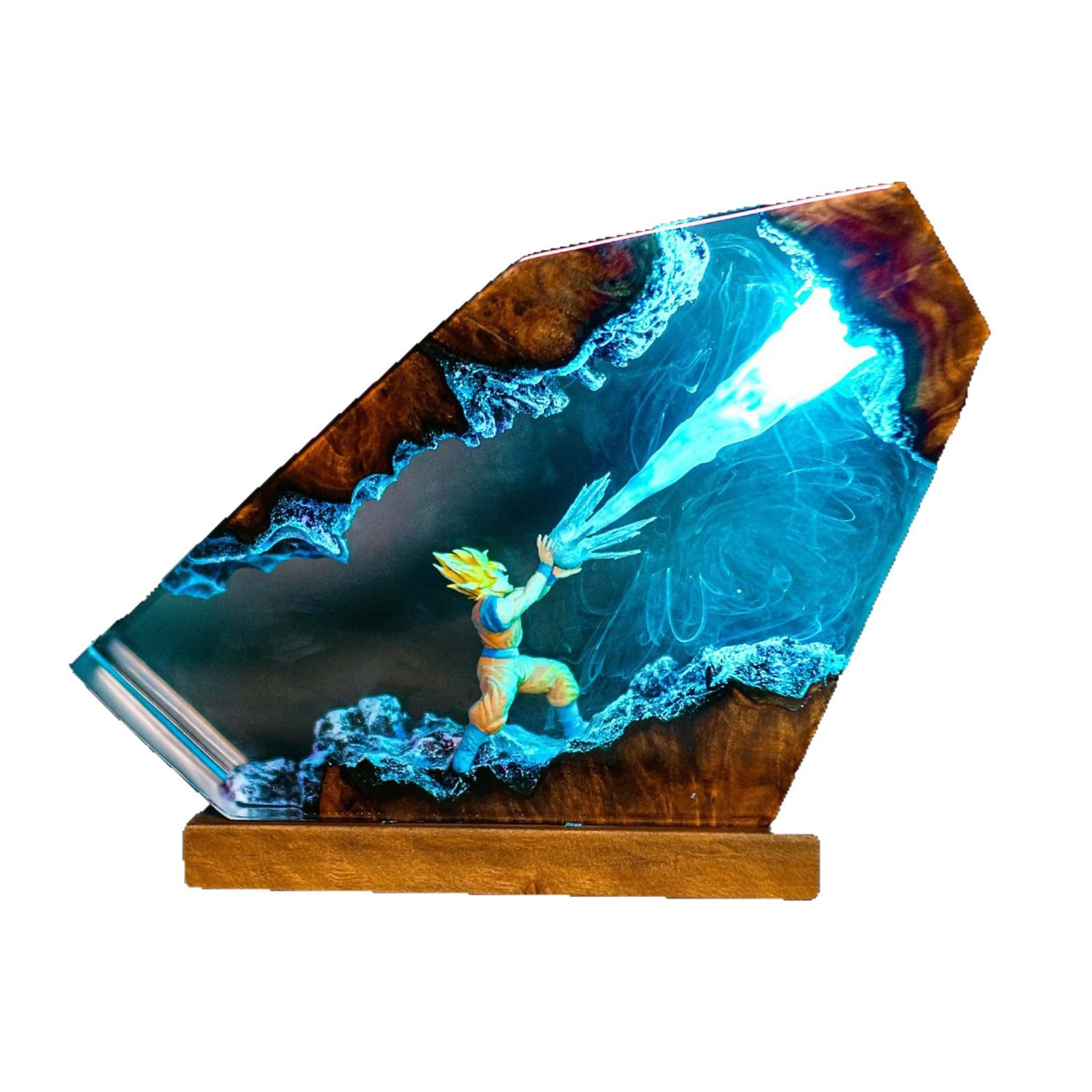 Harzlampe,Nachttischlampe,3D Harz Saiyajin Goku Figuren Nachtlicht,mit USB Kabel mit Holzsockel,LED-Leuchten aus Epoxidharz,Desktop Dekoration für die Dekoration von Zuhause und Büro (stil-2,8*5in)