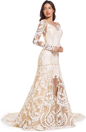Sorayan Women's Wedding Dress for Bride Two Pieces Long Sleeves Floral Lace Sheath Outdoorsy Beach Bridal Gown