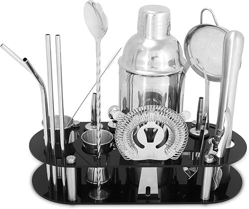 Juego de coctelera de 23 piezas Boston de acero inoxidable con soporte para el hogar, bar, cóctel, herramientas
