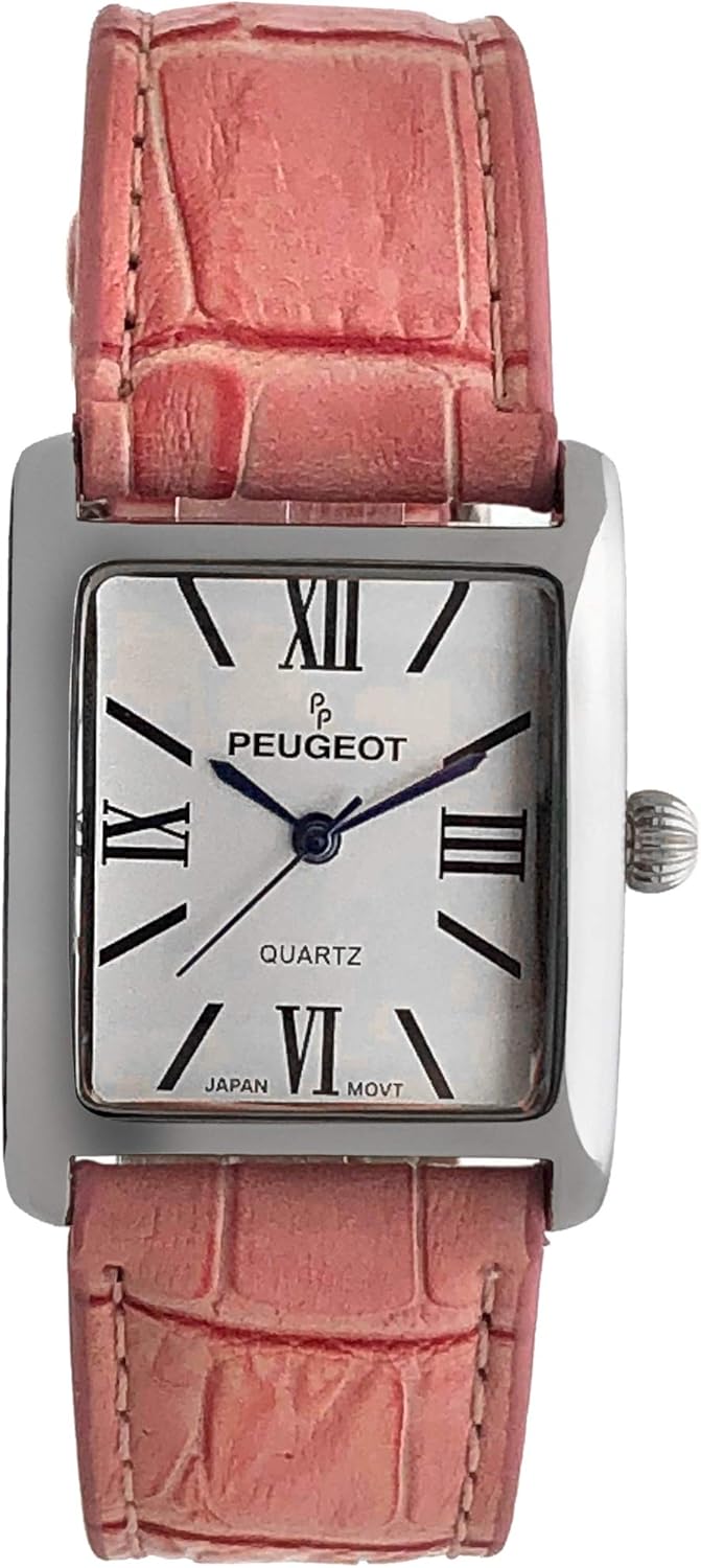 Peugeot Women's Silver-Tone Tank Shape Leather Dress Watch with Roman Numerals, White
