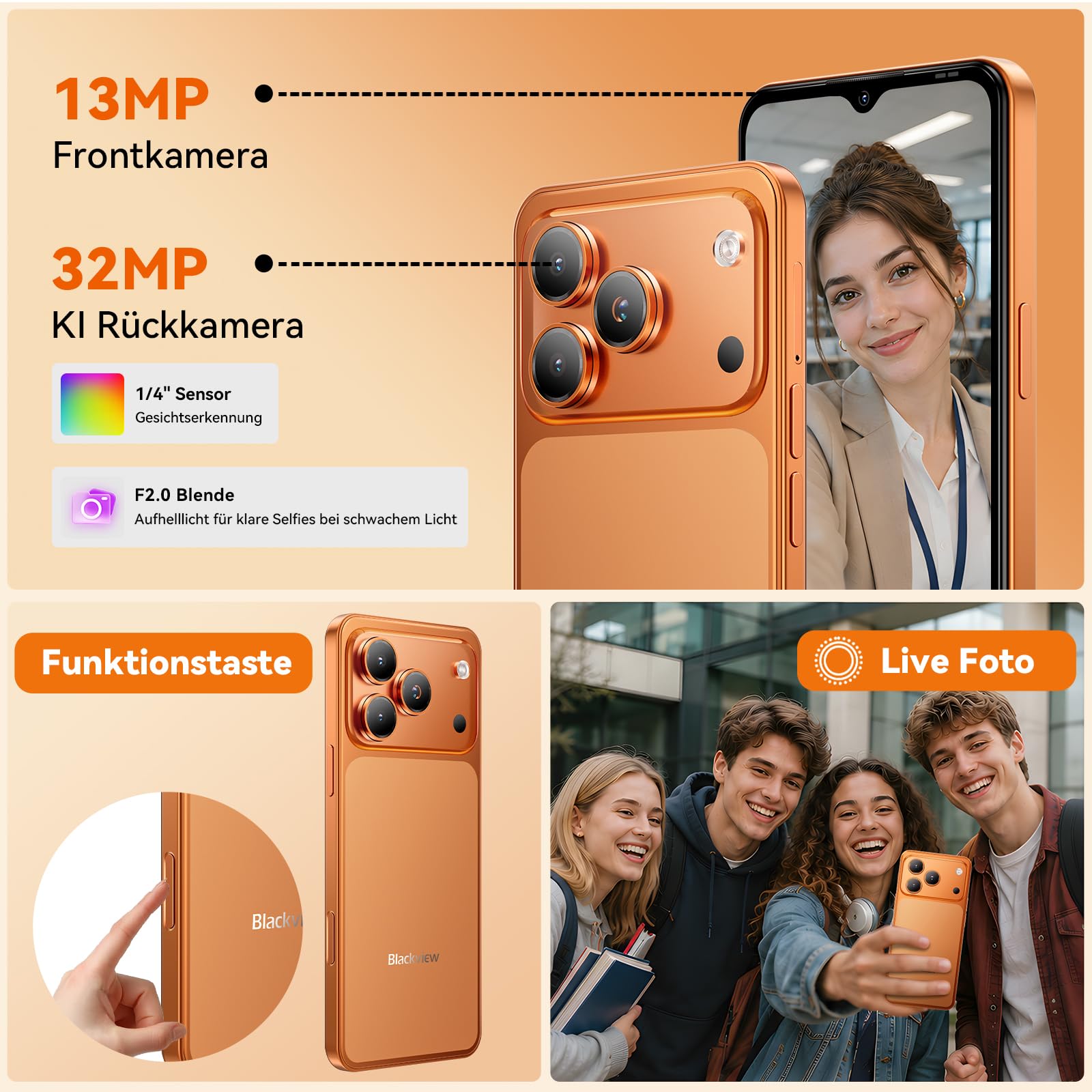 Blackview Wave 7C Handy Ohne Vertrag, Android 16 Smartphone, 16GB+128GB/2TB, 32MP+13MP KI Kamera, 6.56" Handy Günstig, 5000mAh Simlockfreie Handys, 4G Dual SIM/WiFi 5G/FM/IP54/GPS/3Jahre Garantie