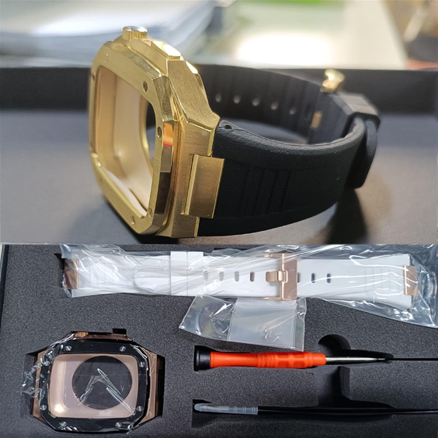 Luxury Metal Watch Case Rubber Strap Modification Kit，For Apple Watch 9/8/7/6/SE/5/4/3/2 Series 41mm 44mm 45mm Watch Replace Band Set image 4