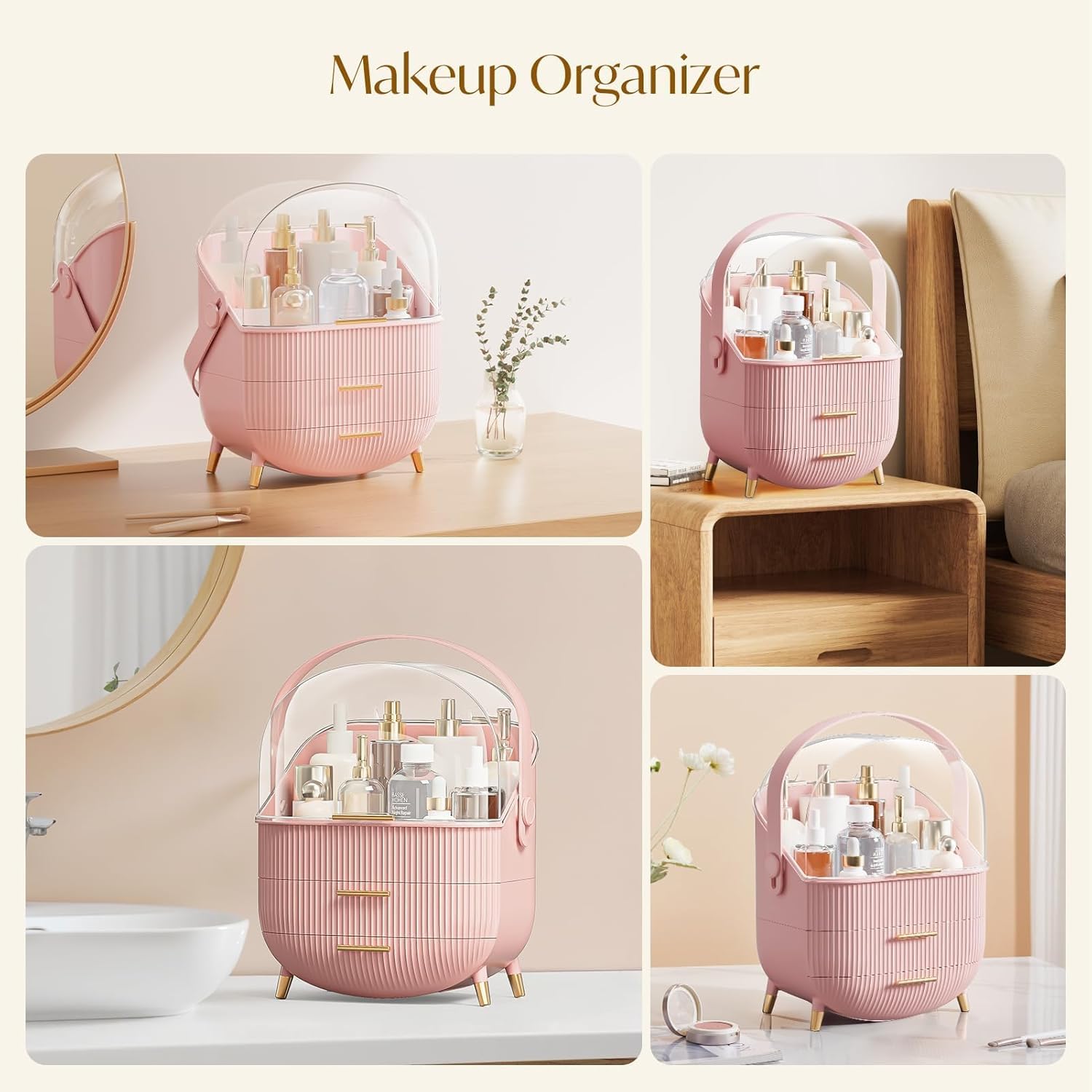 Make Up Organizer Kosmetik Aufbewahrungsbox Rosa tragbar für Schminktisch Badezimmer