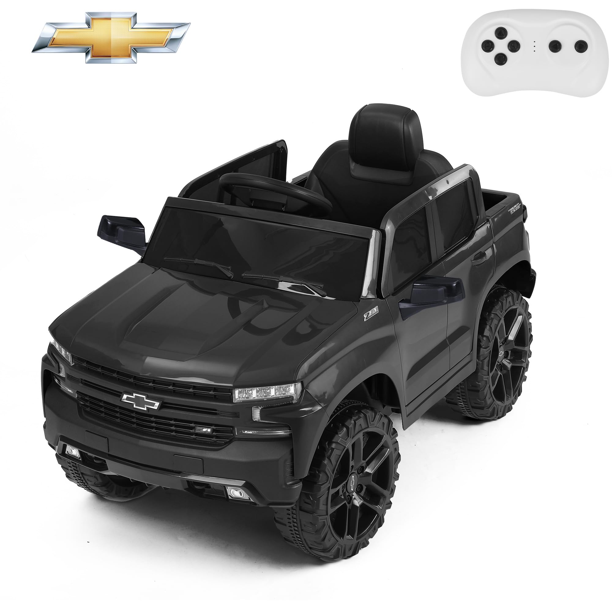 Licensed Chevrolet Silverado Ride on Truck, 12V Kids' Electric Vehicles w/Parent Remote Control, Truck Bed Storage, LED Lights, Bluetooth, Radio, Battery Car for Kids to Drive (Black)