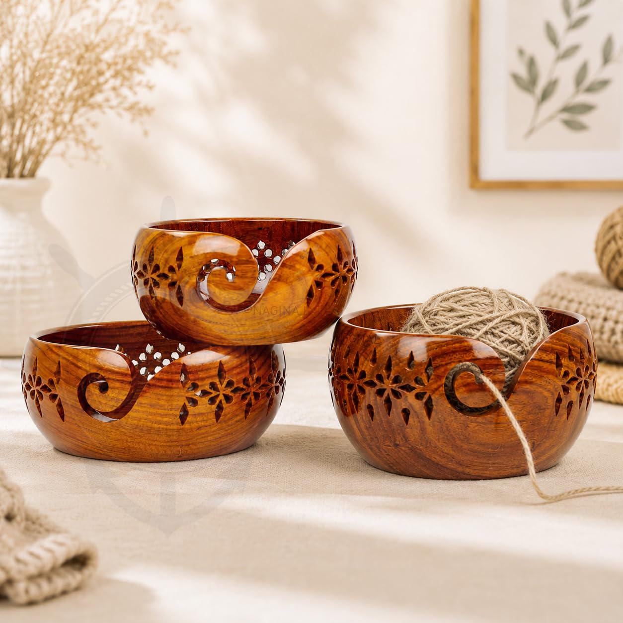 Nagina International Rosewood Crafted Wooden Yarn Storage Bowl With Carved Holes &amp; Drills | Knitting Crochet Accessories (Set)