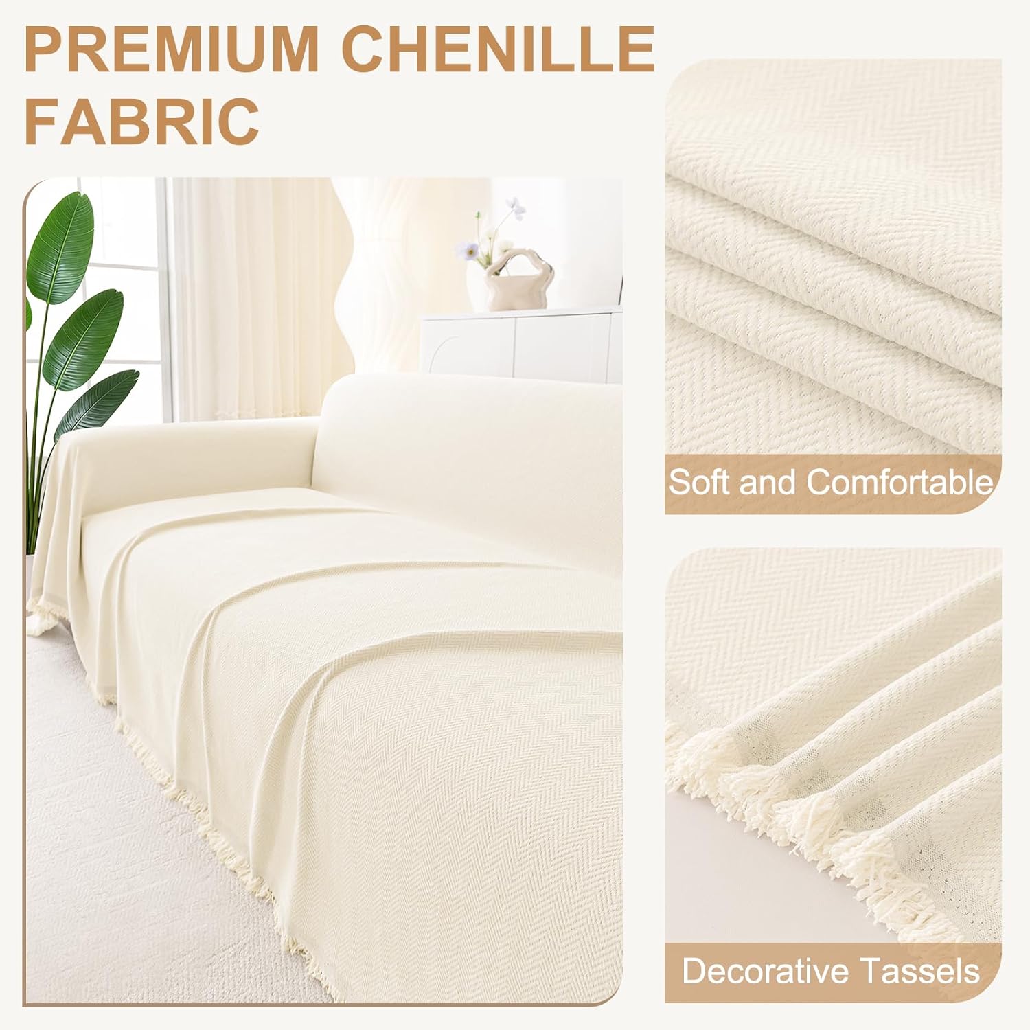 Smiry Couch Cover for Dogs, Washable Chenille Sofa Covers for 3 Cushion Couch, Soft Sofa Slipcover for Pets, Thick Sectional Furniture Protector with Tassels (Beige, 71x118 Inch)