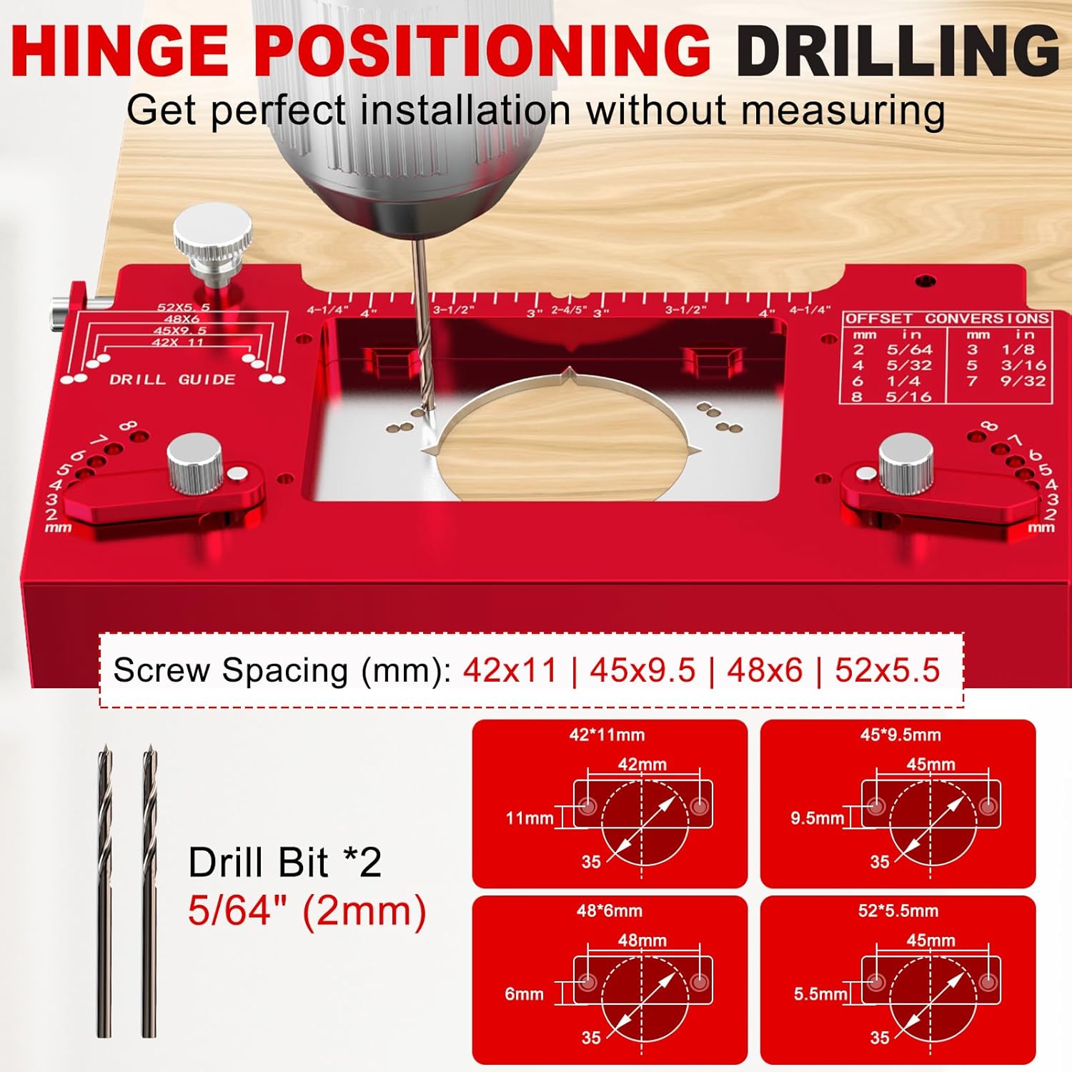 Quick Set 35mm Concealed Hinge Jig with Built-in Screw Hole Guide, Metal Precision Cabinet Door Hinge Jig with Wider Offset from 2 to 8mm, Woodworking Cabinet Doors Mounting Tool