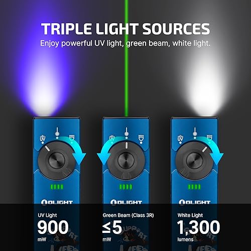 Vista 47 de OLIGHT Arkfeld Pro - Linterna plana recargable EDC con haz verde, combo de LED UV y blanco, luces de bolsillo portátiles de 1300 lúmenes, fuentes