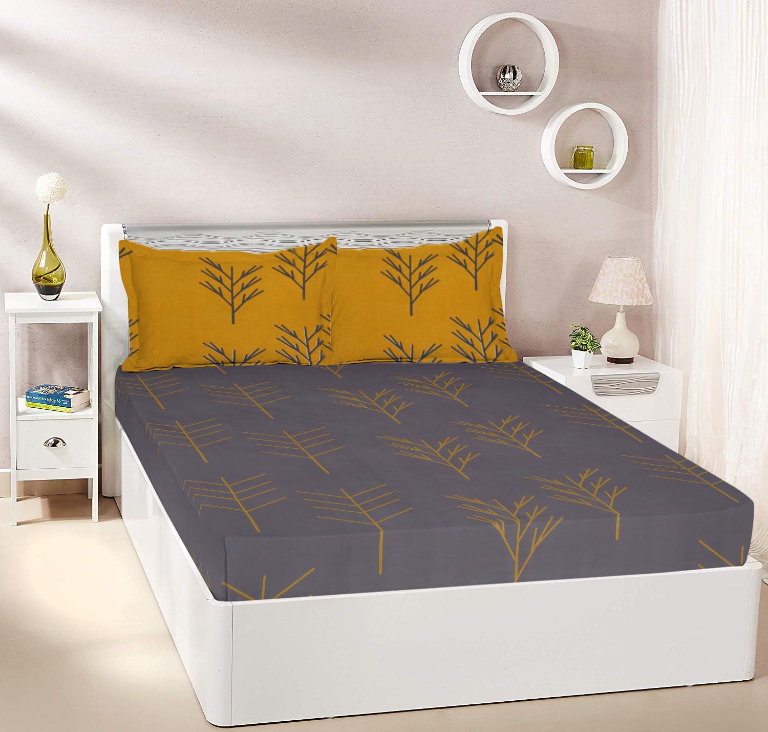 Amazon Brand - Solimo Gentle Repose 140 TC 100% Cotton Double Bedsheet with 2 Pillow Covers, Soft and Smooth (Nature, Brown and Mustard)-image-12