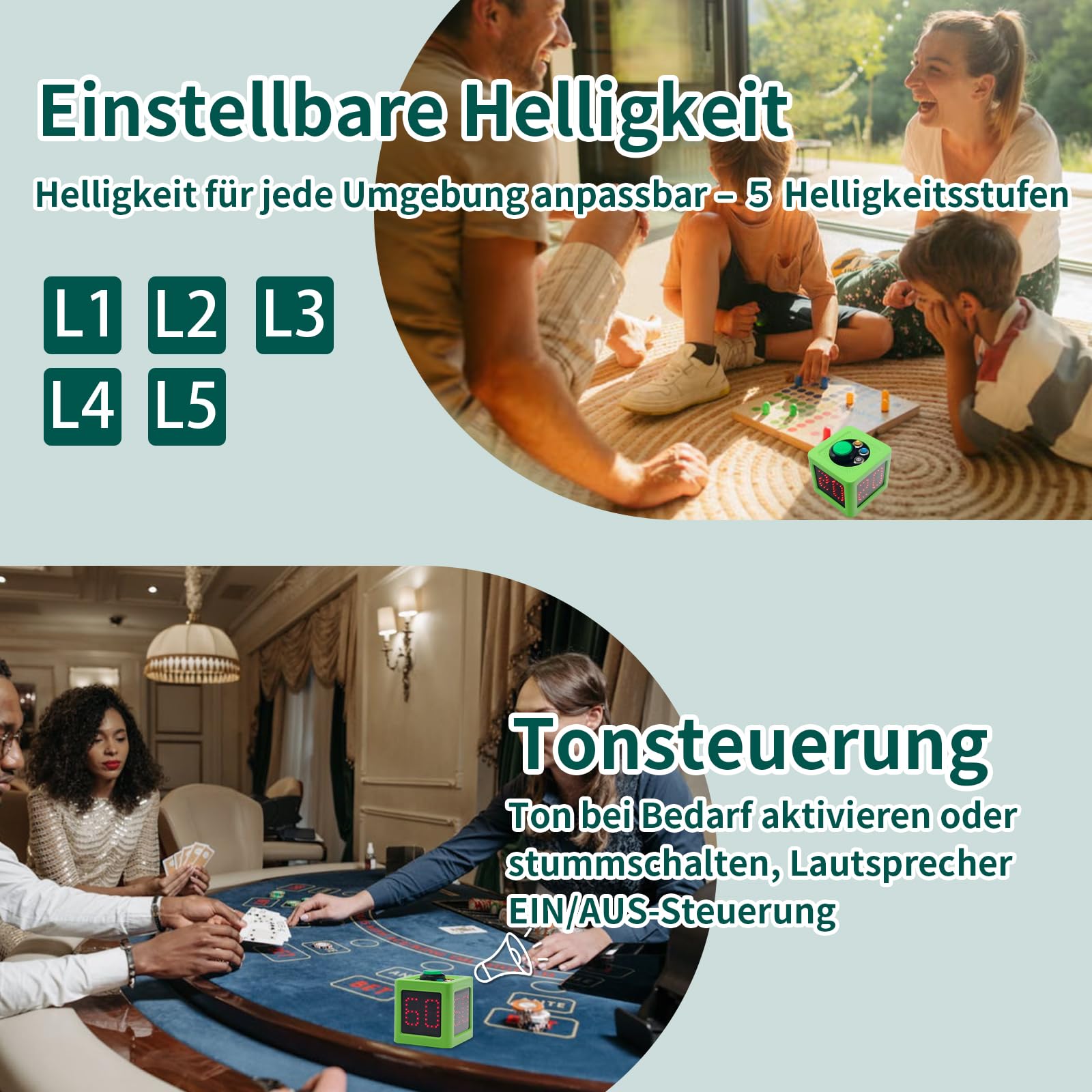 Timer da poker con conto alla rovescia 20/30 secondi personalizzato cubo 4 lati verde