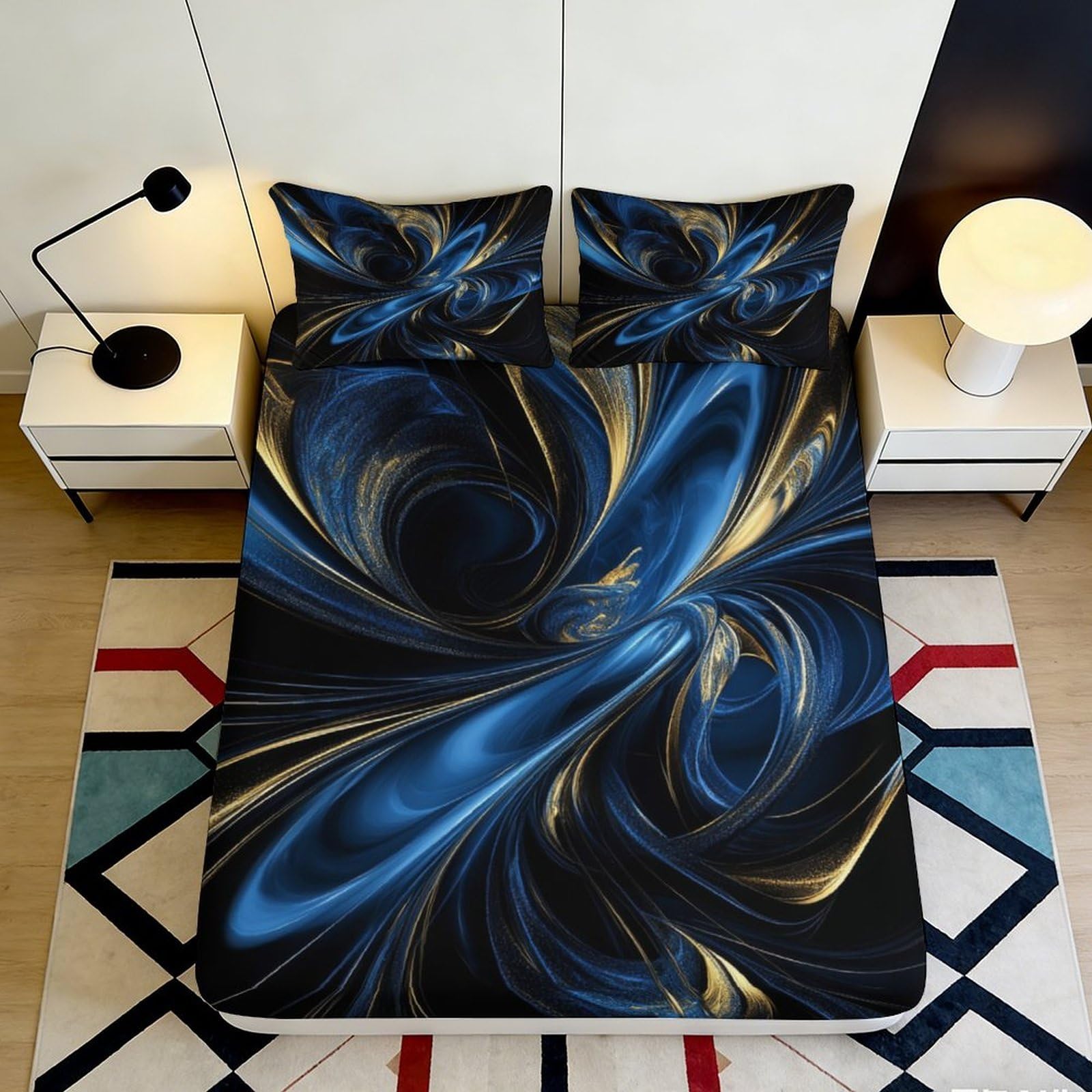 3D Printed Blue Black Abstract Fitted Sheet Microfiber Soft Breathable Golden Swirls Mattress Cover for Bedroom Dormitory Guest Room Protection Decor 90x200x25cm
