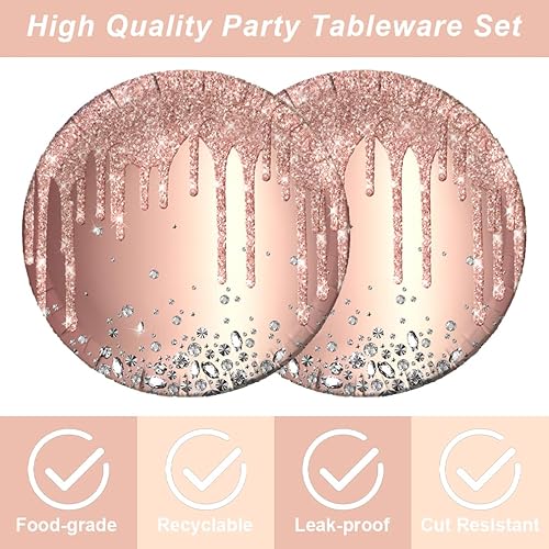 Miniatura 3 de 41 suministros de fiesta de oro rosa rosa, incluye 20 platos, 20 servilletas y 1 mantel, utilizado para decoración de fiesta de cumpleaños rosa y