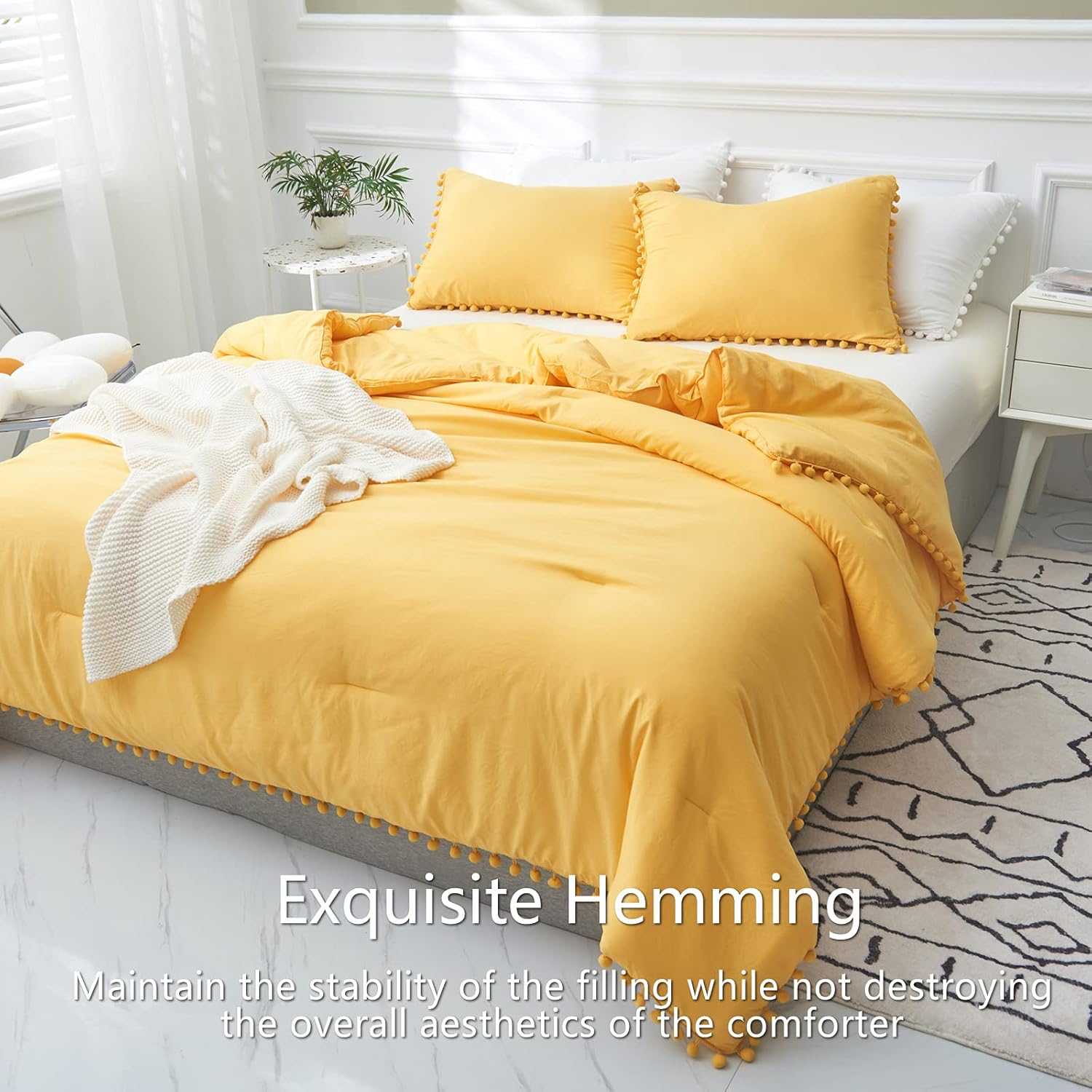 AIKASY Yellow Fringe Queen Comforter Set - 3 Pieces, Extra Soft Washed Microfiber Bohemian Boho Chic Bed Comforter with Shams, All-Season Reversible (1 Comforter+2 Pom Pom Pillow Shams,Queen)