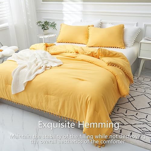Miniatura 3 de AIKASY Juego de edredón Queen con flecos amarillos, 3 piezas, edredón de microfibra lavada extra suave, bohemio, chic con fundas, reversible para