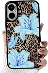 NITITOP Compatible with iPhone 16 Case Cute Brown Leopard Print Floral Flower for Women Girls Glossy PC Hard Back Shockproof Protective Phone Cover - White Lily