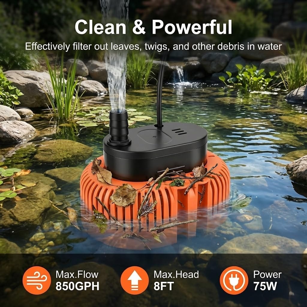 Pond Waterfall Spillway with LED Lights - 12-inch Stainless Steel Spillway and 850GPH Submersible Pump with Cover for Garden, Ponds, Backyard, Pool