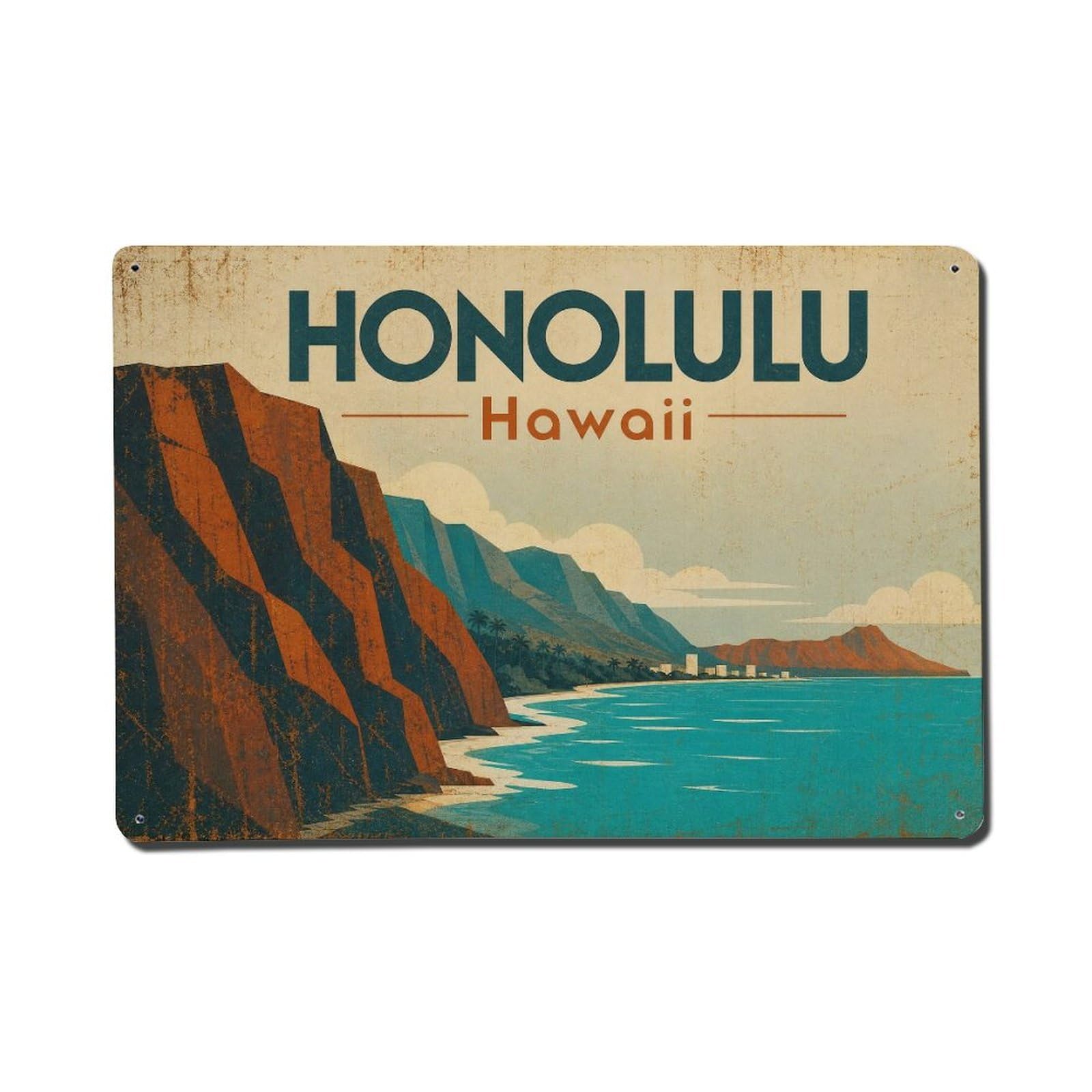Honolulu Hawaii Island Coastal Cliffs Travel Heritage Metal Tin Sign