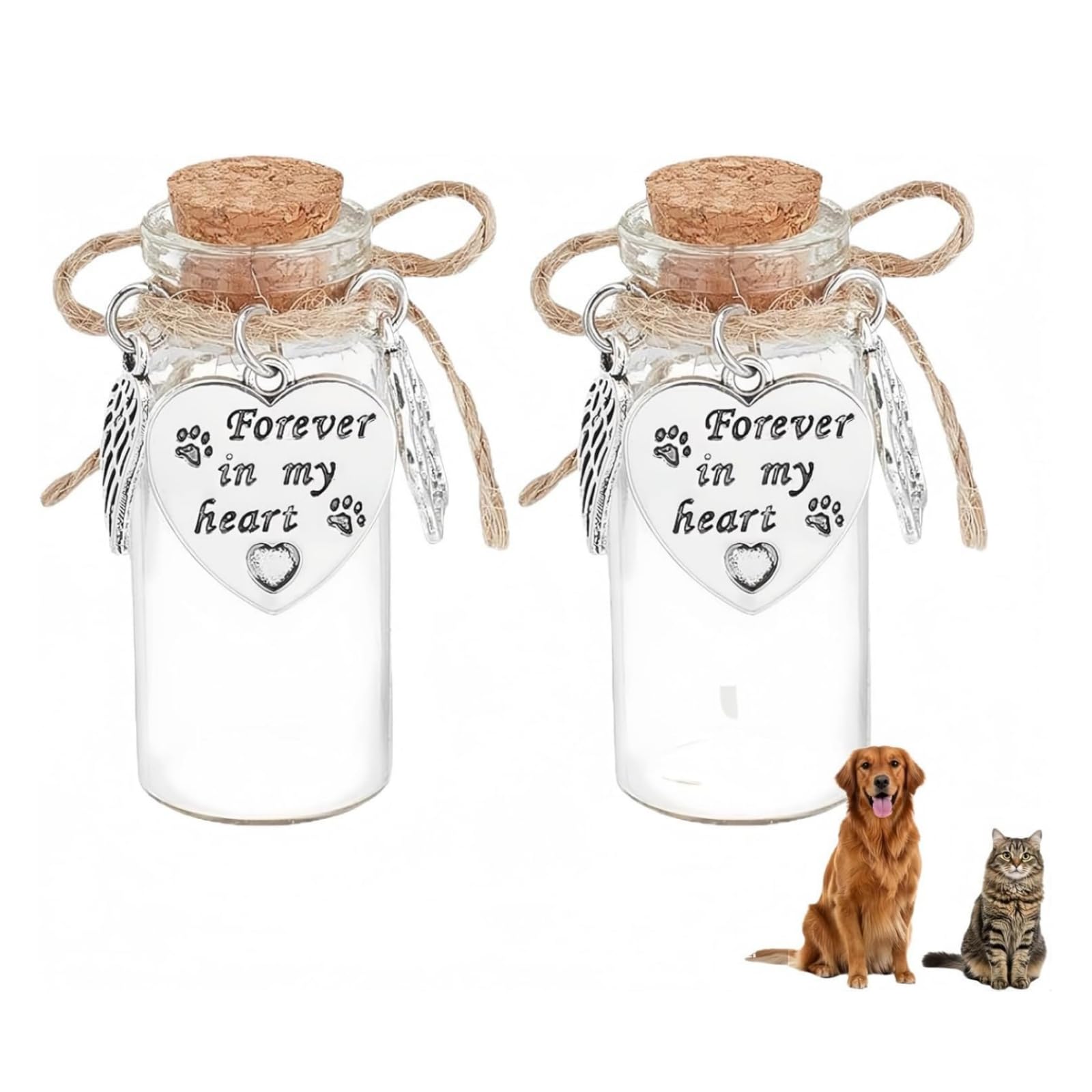 2PCS Pet Hair Glass Memorial Bottle,Pet Hair Storage Containers,Cat Fur Keepsake,P-et H-air Memorial Bottle,Wishing B-ottle With Heart Pendants & Cork Stopper
