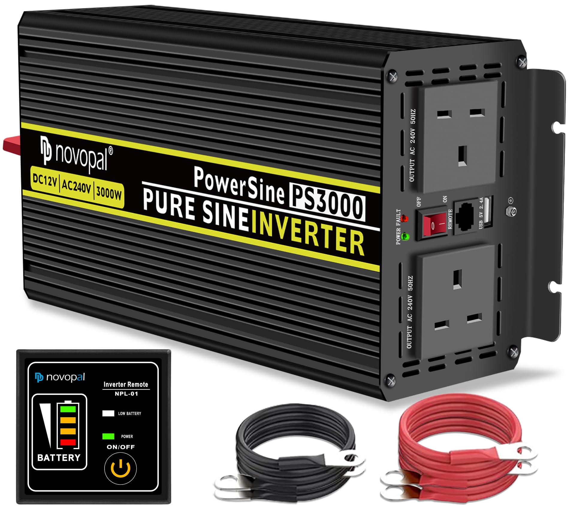 NOVOPAL Power Inverter Pure Sine Wave-3000 Watt 12V DC to 230V/240V AC Converter-2AC Outlets Car Inverter with One USB Port-5 Meter Remote Control And Two Cooling Fans-Peak Power 6000 Watt