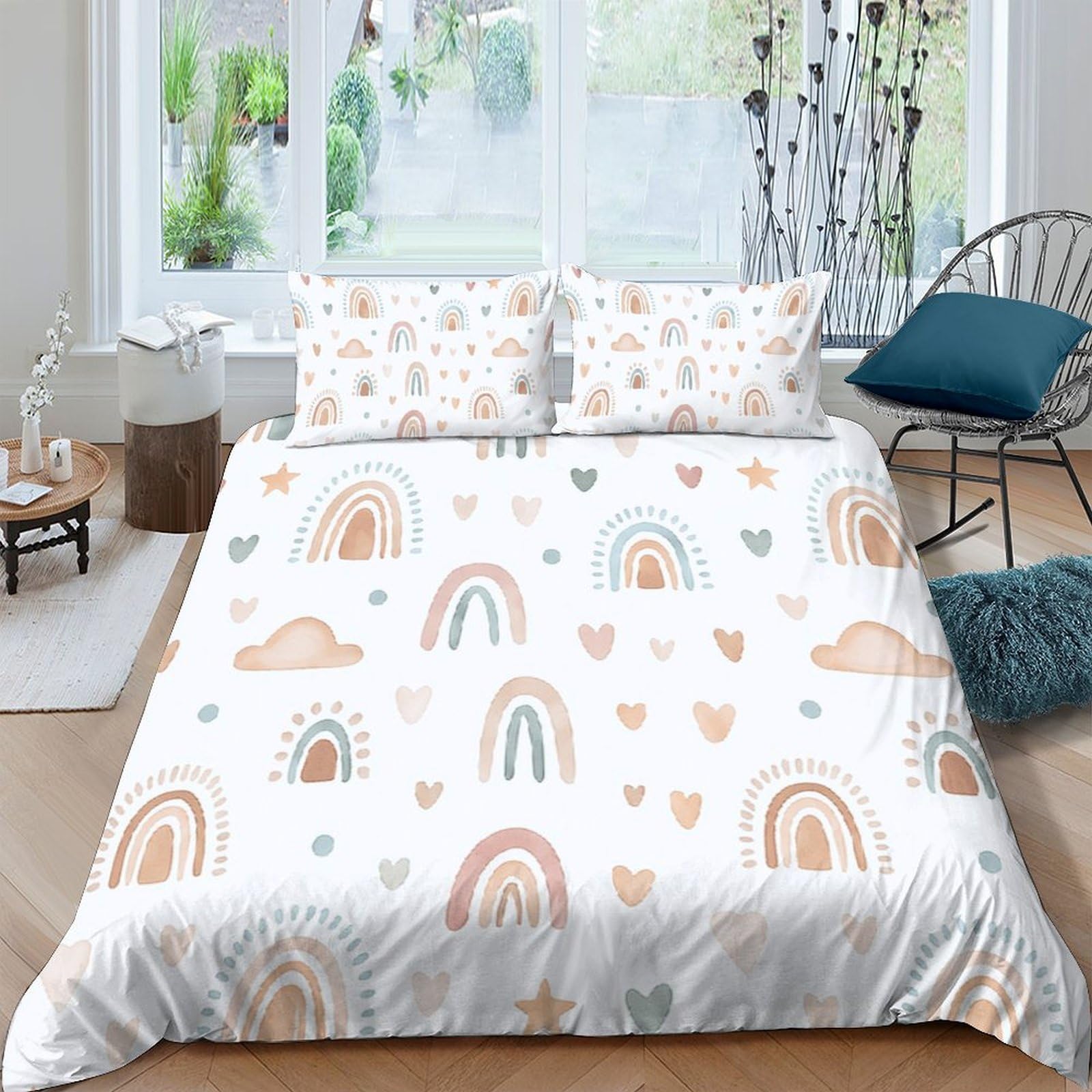 Ctjqhvkz Style-3 3D Printed Rainbow Cloud Fitted Sheet Microfiber Soft Bedroom Decor Heart Pattern Mattress Cover Washable Single（135X200cm）