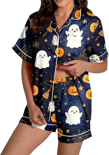 Vividcrate Womens Halloween Pajamas Short Sleeve Button Top Shorts Sleepwear Sof
