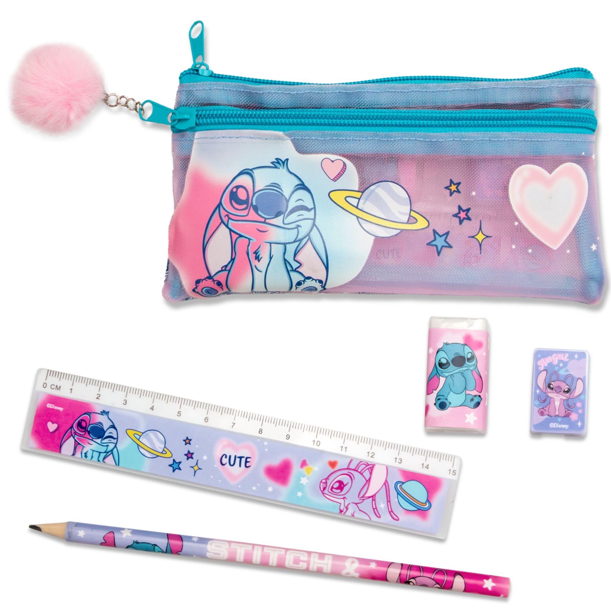 Kids Stitch 5 Piece Pencil Case Stationery Set with Pencil, Ruler, Sharpener and Eraser - Zip Up Stationery Organiser