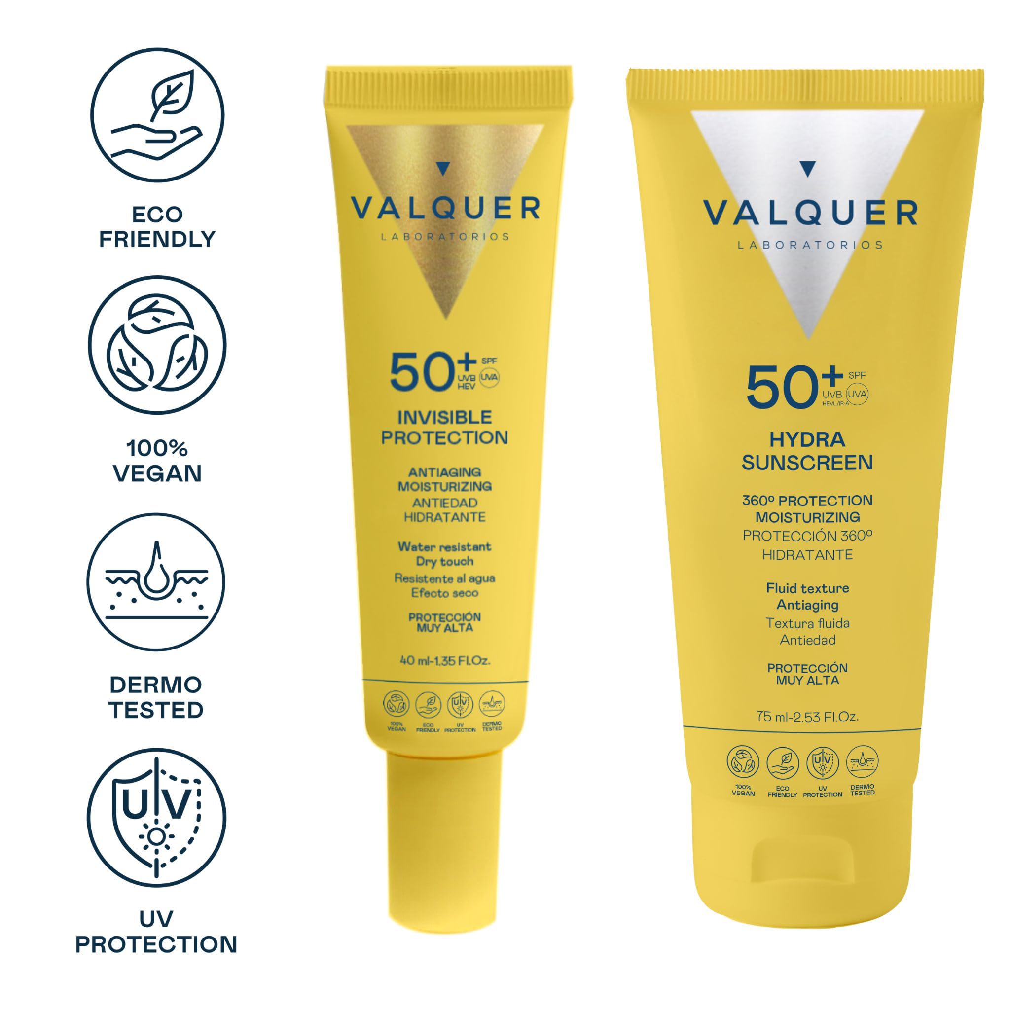 Pack Solaire Visage : SÉRUM PROTECTION INVISIBLE SPF 50 + CRÈME SOLAIRE HYDRA SPF 50 des Laboratoires Valquer.