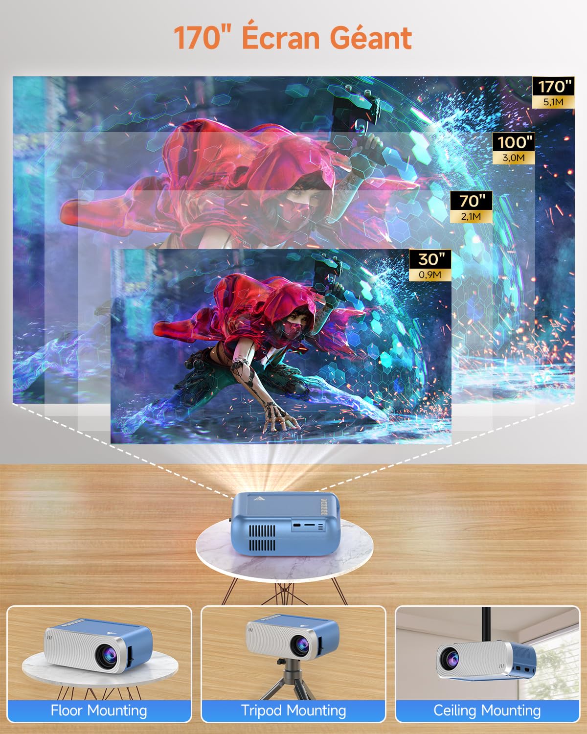 Mini Projecteur Video 4K 1080P Supporte, Videoprojecteur Portable avec WiFi et Bluetooth 5.4, Projecteurs Vidéo avec Haut-Parleur pour Téléphone/HDMI/USB/Clé TV(Bleu argenté)