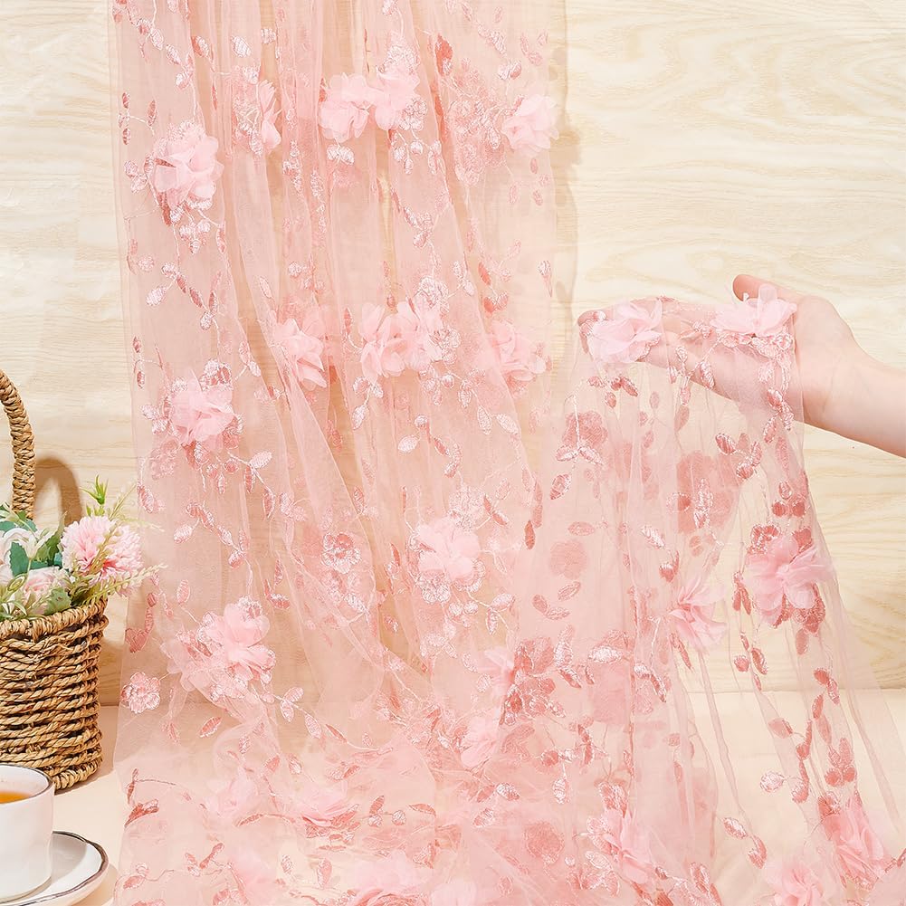 NBEADS 1.7 Yards Embroidered Flower Fabric, 56inch 3D Floral Mesh Embroidery Fabric Soft Mesh Lace for Sewing DIY Custom Clothes Party Dress Home Decoration, Pink