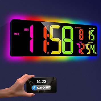 Large Digital Wall Clock 16.5", Count Down Timer, Bluetooth Sync Time, Alarm, Big LED, RGB Atmosphere Lights, Auto DST, Digital Clock for Living Room Classroom Xmas Birthday Gift for Senior Mom Dad