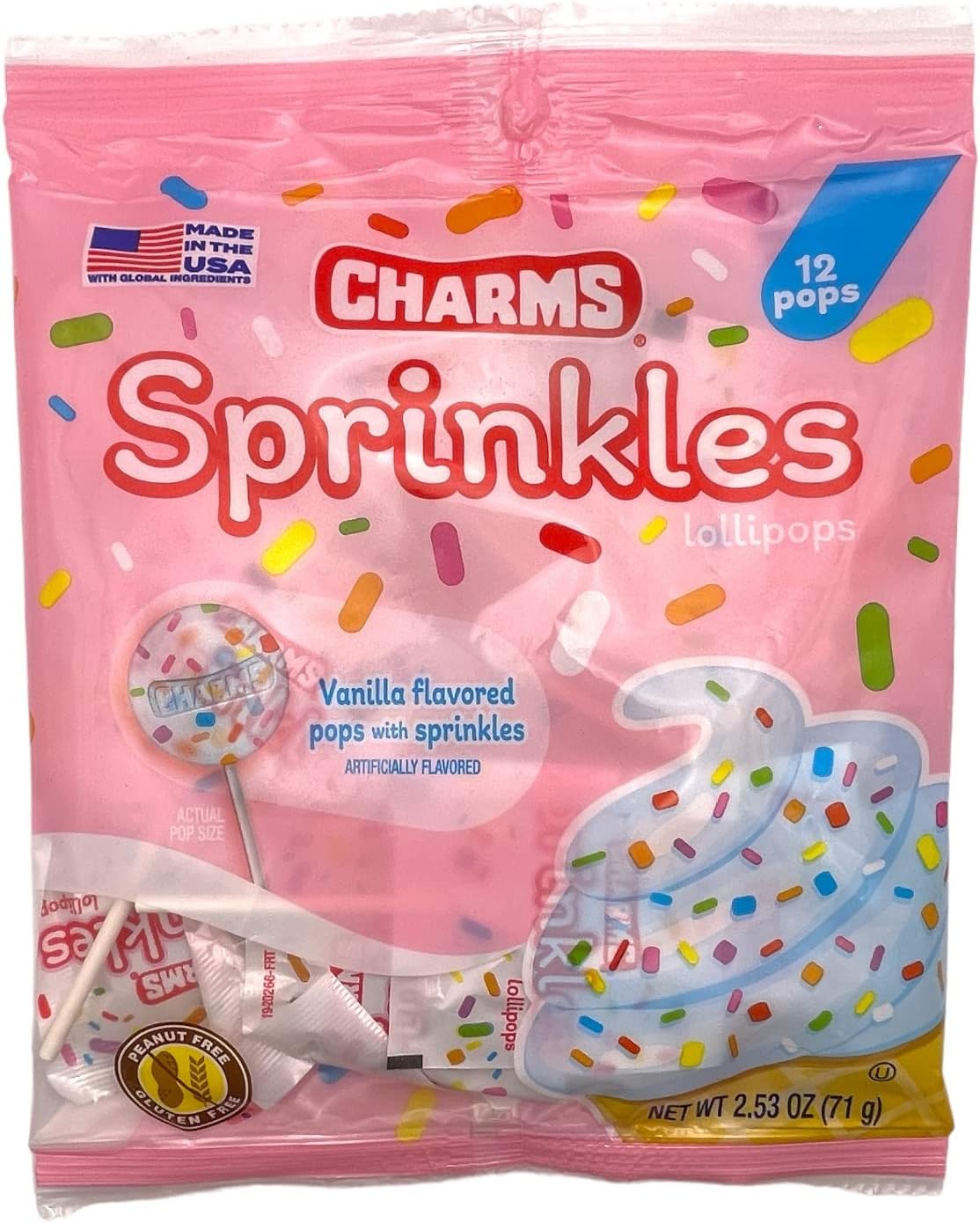 Charms Sprinkles Lollipops, Vanilla Flavored Pops with Sprinkles NET WT. 2.53 oz