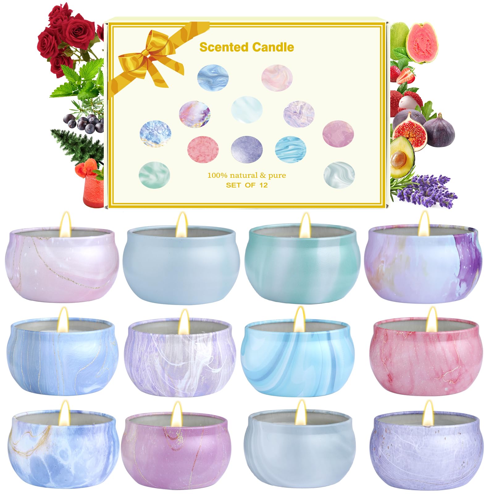 Velas Aromáticas Decorativas Juegos da 12 Packs, Velas Perfumadas de Aromaterapia Cera de Soja para Mujer, Regalos Para Día de la Madre Cumpleaños Baño Yoga, Hasta 160 Horas