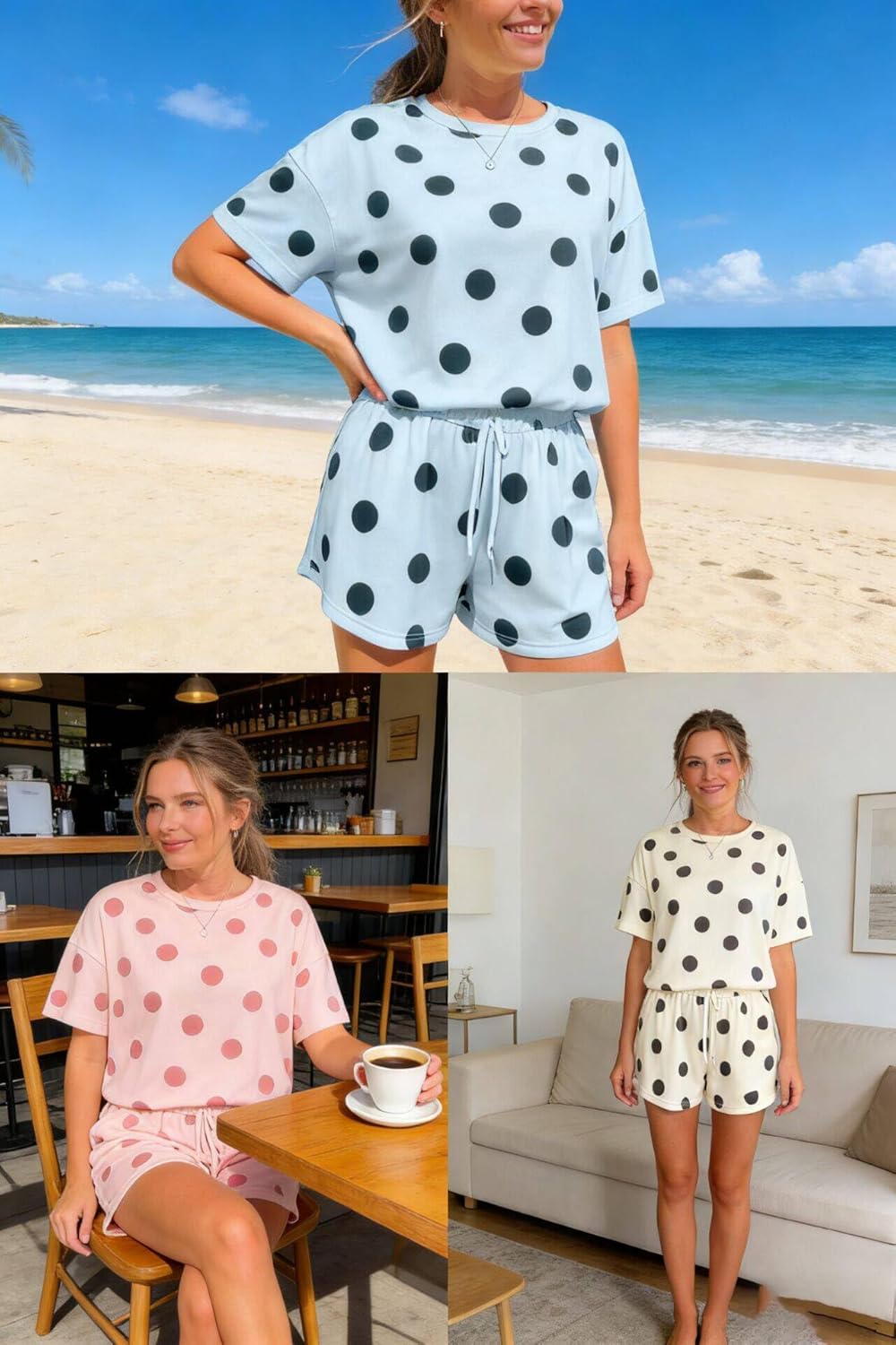 KevaMolly Womens Summer Lounge Sets Polka Dot Print Loose Tee Drawstring Elastic Waist Short Set Two Piece Sets - Image 6