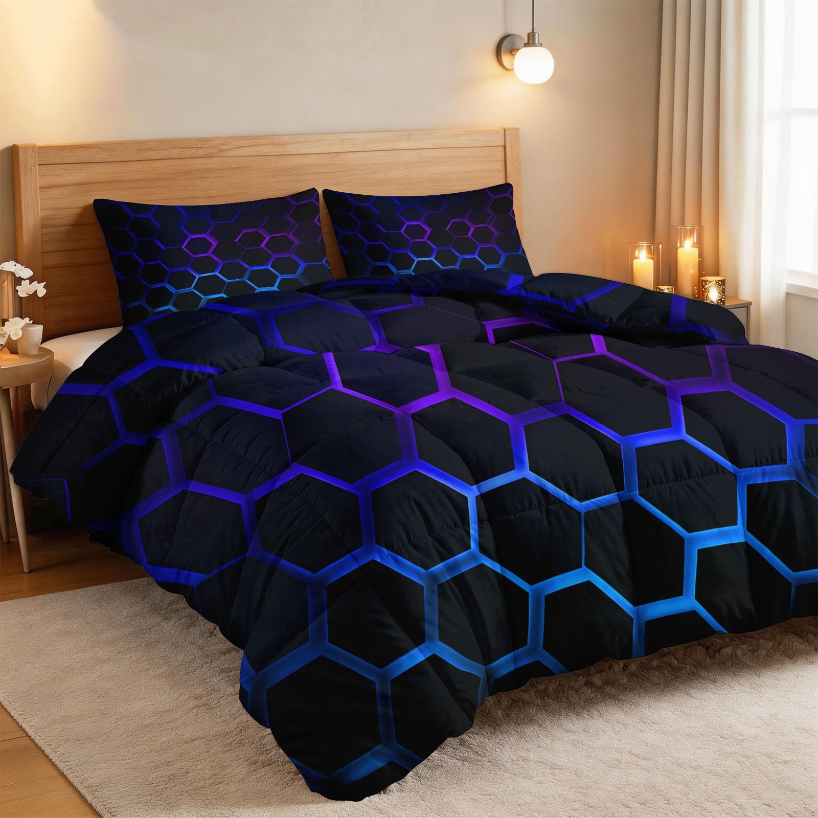 Letnia kołdra, geometryczna, chłodząca, 230 x 220 cm, lekka, neonowa, wielokątna kołdra o strukturze plastra miodu, dla gorących osób, oddychająca i przyjazna dla skóry pościel, dwustronna czarna