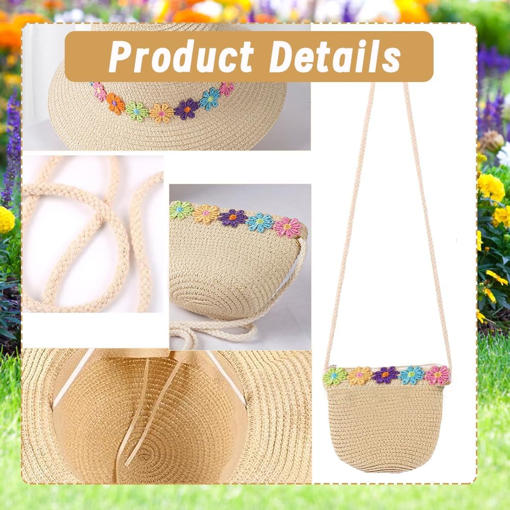 Chapeau de Soleil pour Filles Mini Sac de Paille, Petit Sac avec décoration de Fleurs Chapeaux de Paille de Plage d'été Chapeau de Soleil pour activités de Plein Air