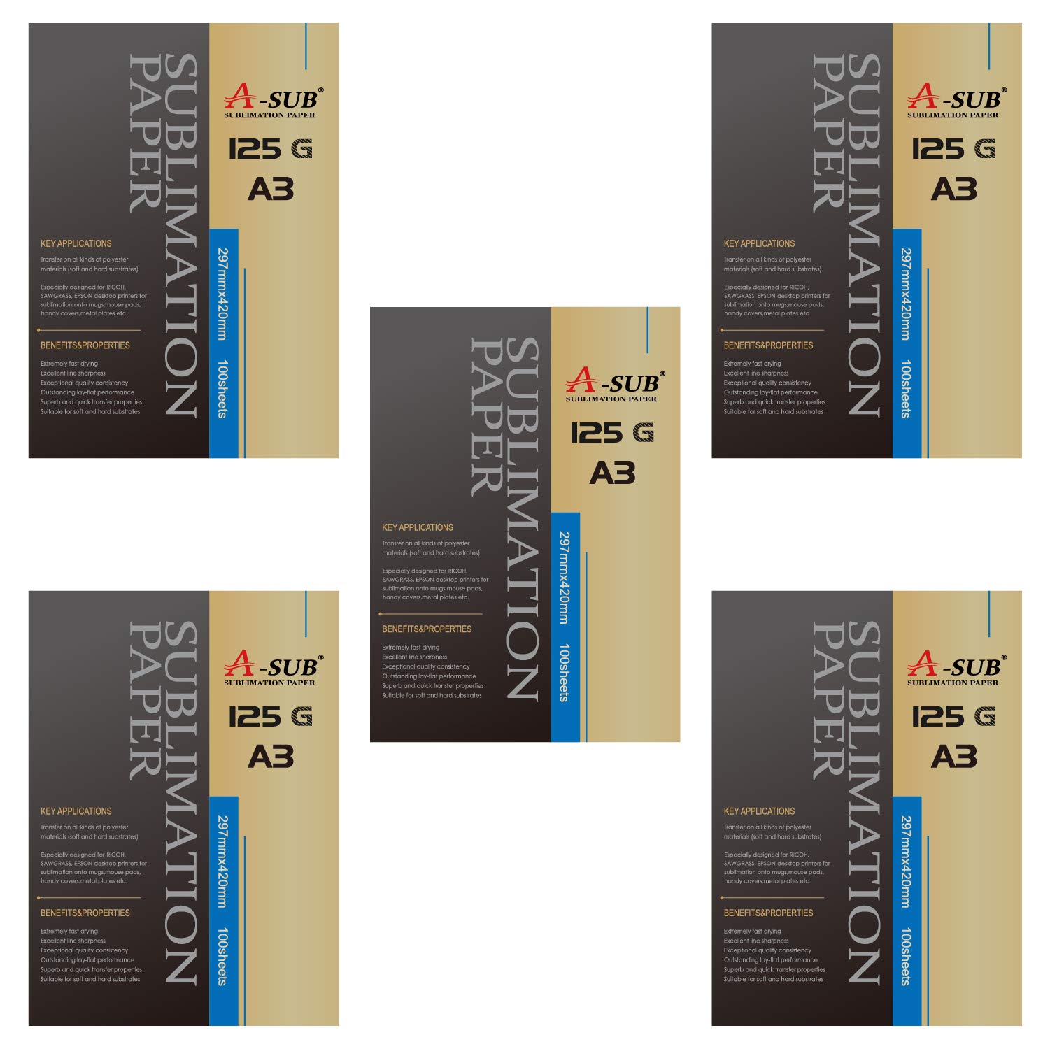 A-SUB Papel de Sublimación A3, 297x420mm, 500 Hojas, 125 g/m², Compatible con Impresoras de Sublimación EPSON, SAWGRASS, RICOH, BROTHER