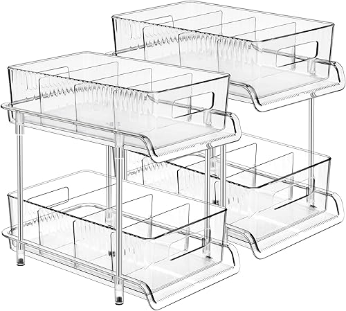 XINYA BAO Juego de 2 organizadores de almacenamiento de baño de 2 niveles con divisores, organizadores transparentes multiusos para debajo del