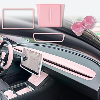 4PCS Center Console Wireless Charger Mat Silicone for 2025 2026 Tesla New Model 3 Highlan Cup Holder Insert, Screen Edge Protector Frame, Rear View Mirror Cover Decoration Accessories(Pink)