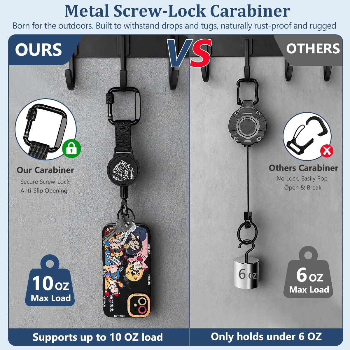 2 Pack Anti-Theft Phone Tether with Retractable Steel Lanyard,Universal Anchors Tether Tab & Locking Carabiner，Anti-Droop Strap for Hiking Travel Outdoor (Cute Bow & Mountain Hiking)