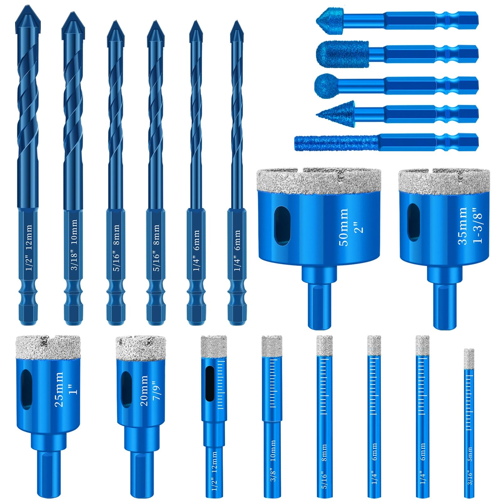 Set di 21 punte per piastrelle con punta per piastrelle M6 (5-50 mm) e punte per metallo da 5-12 mm, utensili per levigatura fine, adatti per vetro, granito e piastrelle