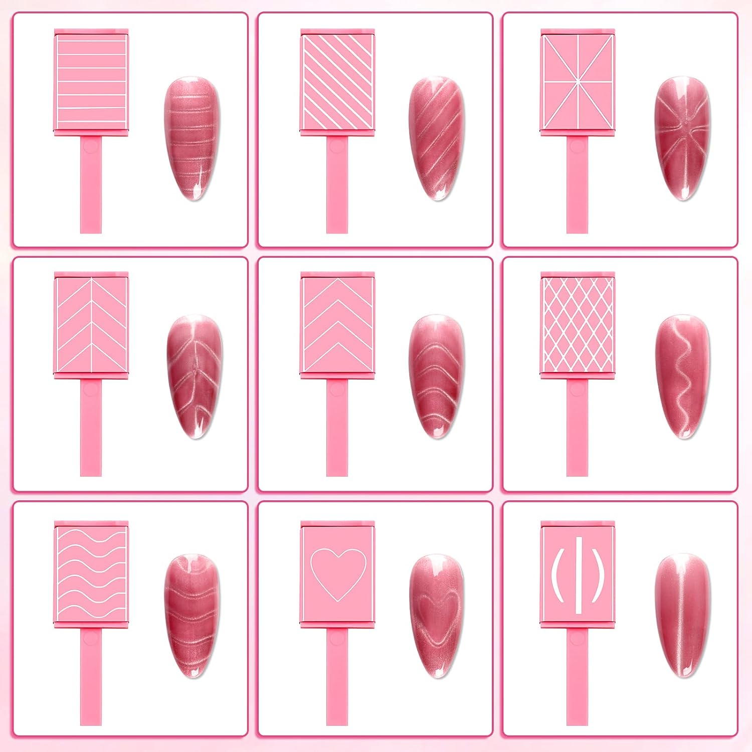 12pcs Cat Eye Magnet for Nails, 6 In 1 Multifunction 9pcs Stripe Plates Pen Wand for Cat Eye Gel Polish 3d Nail Art Salon or Diy (Pink)