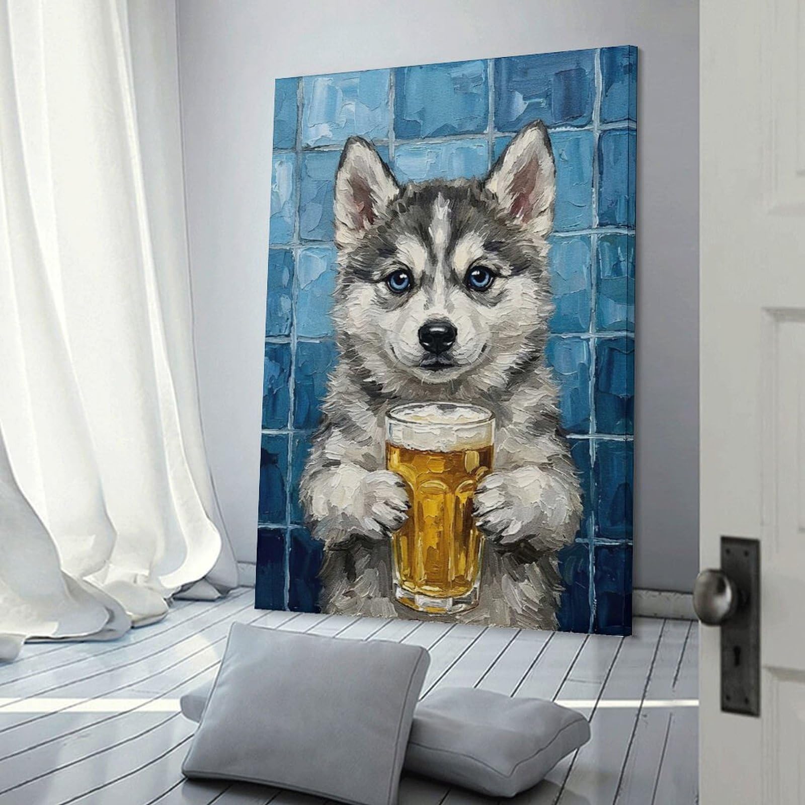 Junmoney Husky Puppy with Beer Painting Wall Art Print, 24x36inch(60x90cm), for Corridors, Hallways Or Apartment Entries, Wall Decor to Refresh Empty Corners