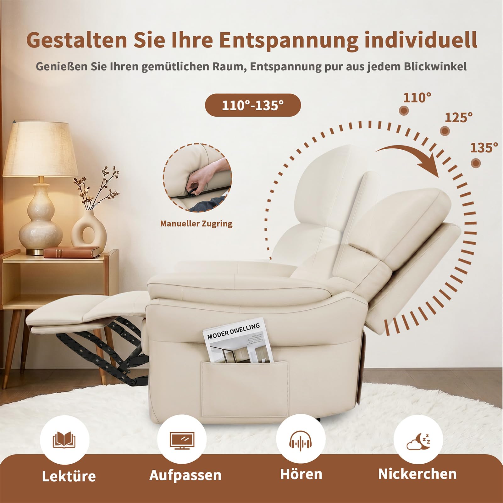 AIRSKY Relaxsessel Echtleder Fernsehsessel mit Liegefunktion Kinosessel Nickerchen Seniorensessel TV Sessel mit Schlaffunktion Manuell Verstellbar Liegesessel für Wohnzimmer Schlafzimmer,Beige