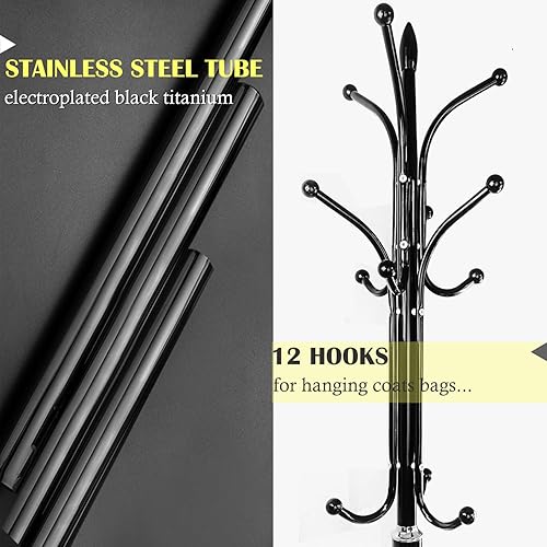 Miniatura 4 de Kertnic Perchero de metal con base de mármol natural, árbol de pasillo independiente con 12 ganchos para colgar bufanda, bolsa, chaqueta,