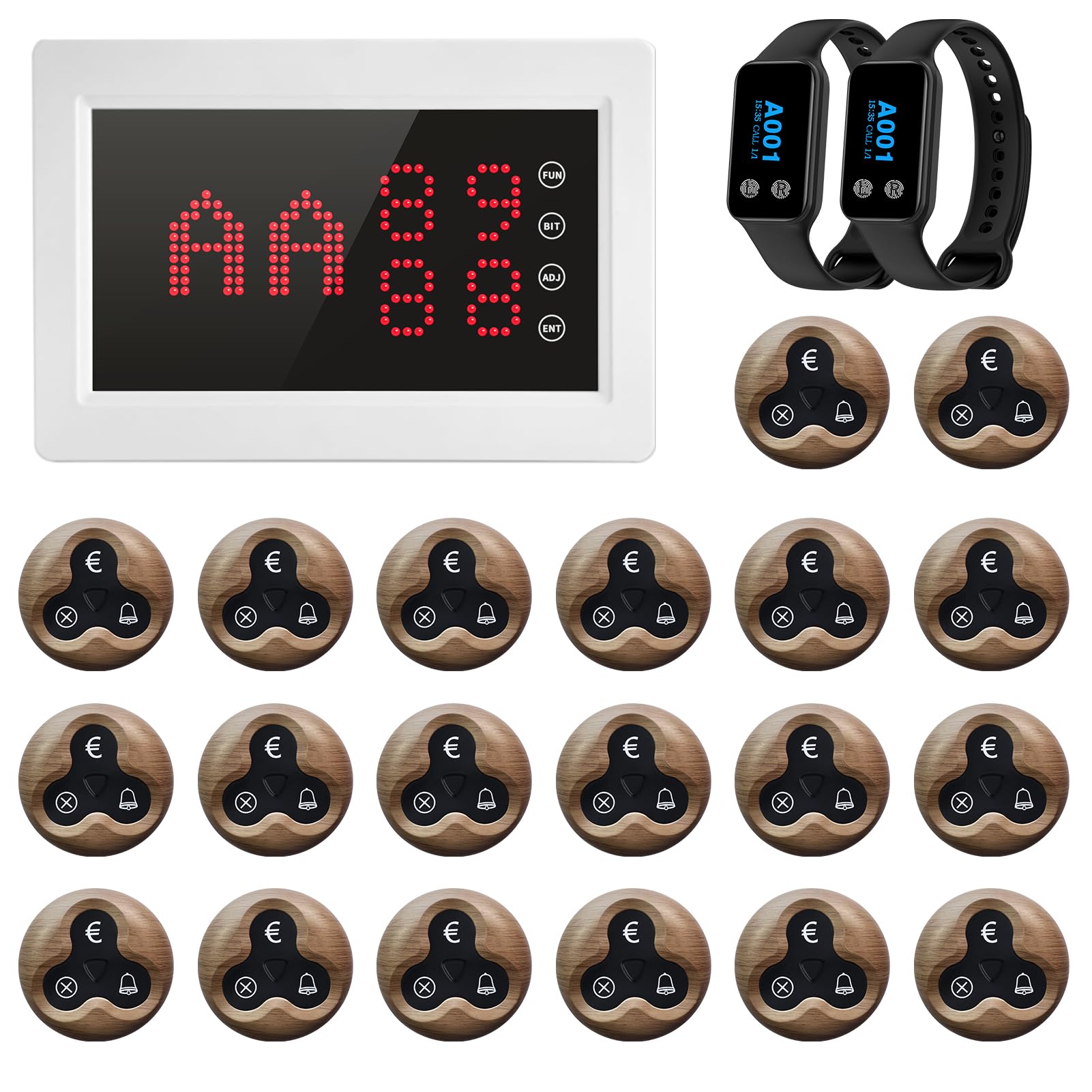 Restaurant Pager System Anrufsystem, kabellos für Pflegepersonen, mit Empfänger, für ältere Klinik, Krankenhaus, Restaurants [1 Empfänger+20 Ruftasten-O3W+2 Armbandempfänger]