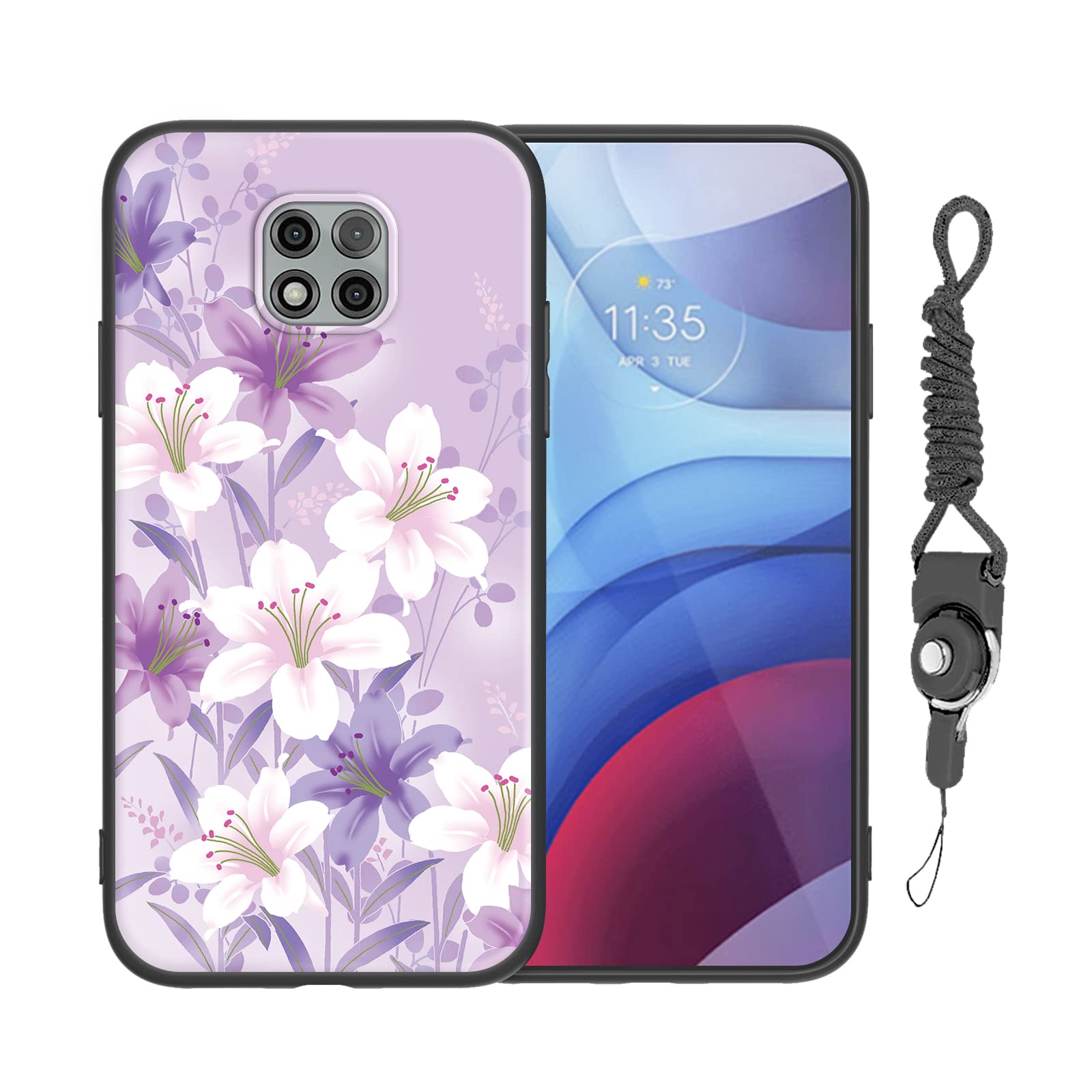 Nuouxoco Phone Case for Moto G Power 2021 (6.6-inch) with Lanyard Strap Girls Women Cute Slim Shockproof Protective Cover Case for Motorola G Power 2021 - Purple Flower